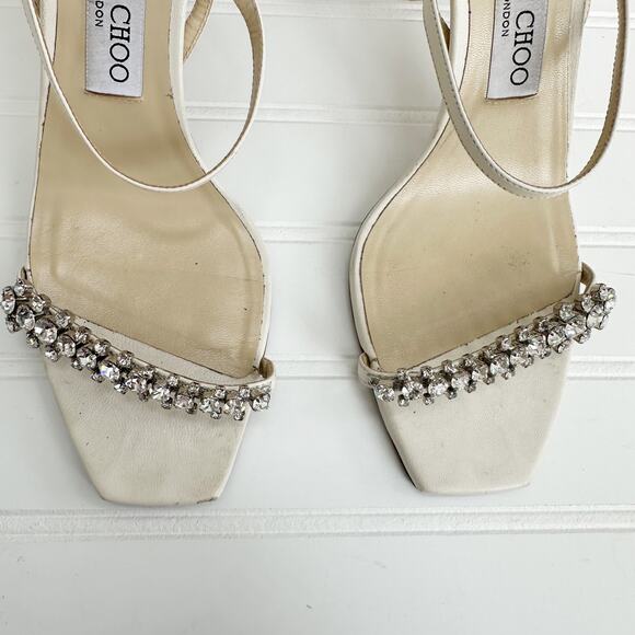 Jimmy Choo Meira 85 Heeled Sandals Off-White Latte Crystal Rhinestone Heels 38.5 - Picture 2 of 13